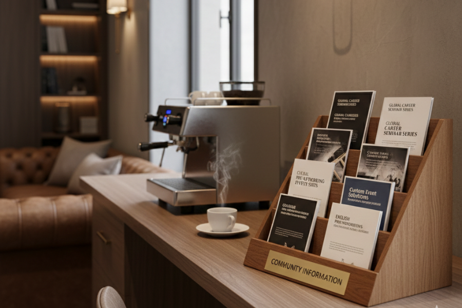 ラウンジのコーヒーサーバー横にチラシを置いてある画像。