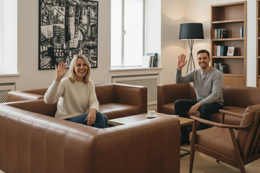 複数名のネイティブがこちらに笑顔で手を振る画像。