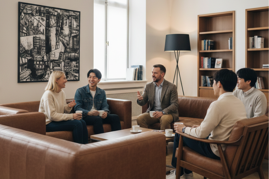 英会話ラウンジの画像。会員とネイティブが話す様子。