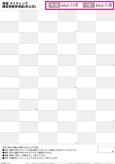英検®ライティング解答用紙(非公式)の使い方を示す画像。受験級の指定単語数を確認する。